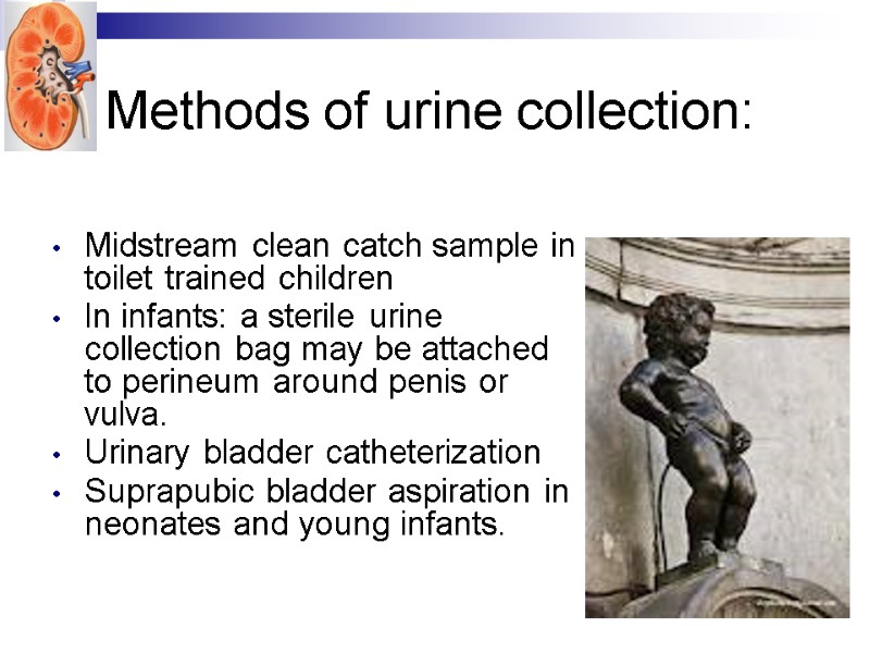 Methods of urine collection:  Midstream clean catch sample in toilet trained children In